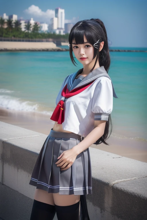 ltra-detailed,highly detailed,best quality,masterpiece,illustration,realistic,photorealistic,
llas, cosplay, 1girl, solo,
school uniform, serafuku, sailor collar, short sleeves, red neckerchief, tie clip, pleated skirt,thighhighs,
long hair, bangs,hair ornament, ponytail,
looking at viewer, hands on hips, head tilt, cowboy shot,
photo background, beach,sea,waves, skyline,
<lora:llas_v1_05:1.0>