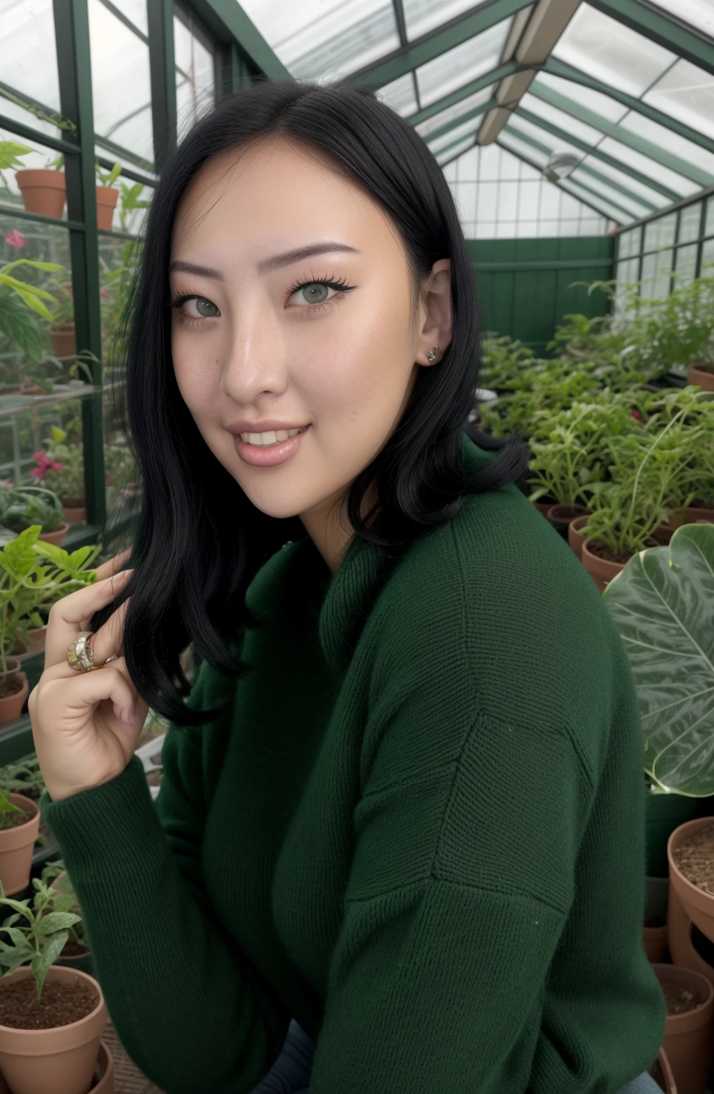 @yawoesenpai,WoeSenpai \(Person\),Alexandra Cohen \(Person\),1girl, ((portrait shot)),green eyes, smile, closed mouth,looking at viewer, black hair, nose, very small breasts, makeup, sweater background: indoors, greenhouse, upper body, <lora:WoeSenpai | Alexandra Cohen:1>