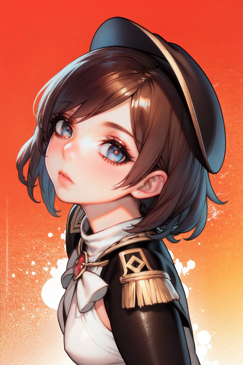 portrait, solo, 1girl, looking up, confident, brown hair, crested hair, light blue eyes, beige captain costume, red background <lora:AOIN_style_v01.10.01:1>
