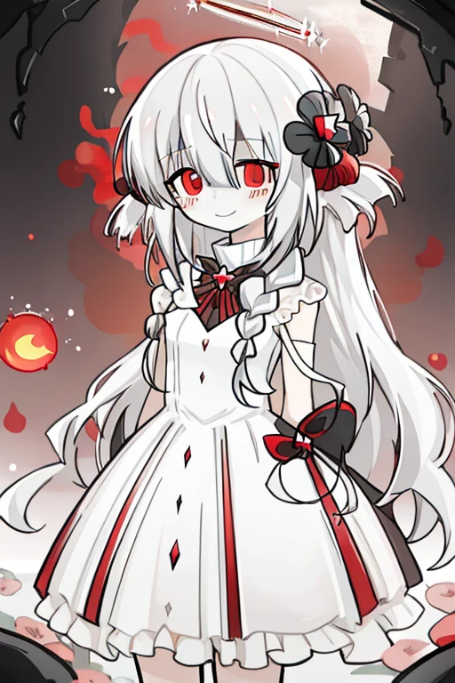 1girl,long hair,red eyes,solo,halo,flower,white hair,black flower,long hair, muscular, evil smile, red moon,<lora:tebolika-000008:0.85>,<lora:BlackSouls:0.55>,