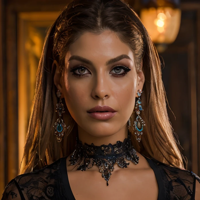 (masterpiece:1.2), (best quality,:1.2), 8k, HDR, ultra detailed, ((photorealistic)), professional light, cinematic lighting, fashion photography, ambient lighting, face lighting, Bridgette, <lora:Bridgette-10:1>, earrings, choker, necklace, messy and long hair, dark makeup, dynamic pose, looking at viewer, <lora:detail_slider_v4:2.5>, ((portrait shot)),