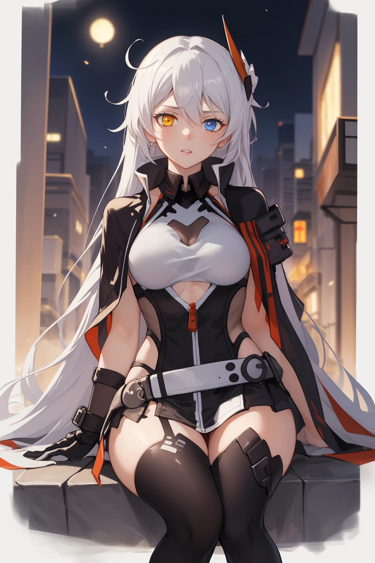 (masterpiece, best quality, high detailed, 8k uhd:1.2), <lora:KianaVD_V2-08:0.8>, kiana vd, 1girl, solo, slender,(medium breasts), (parted lips, heterochromia:1.2), (long hair, white hair, hair ornament), (dress, thighhighs, cropped jacket:1.4), (armor, bare arms, asymmetrical gloves:1.2), (cowboy shot, looking at viewer, sitting on the streets:1.2), night, outdoors