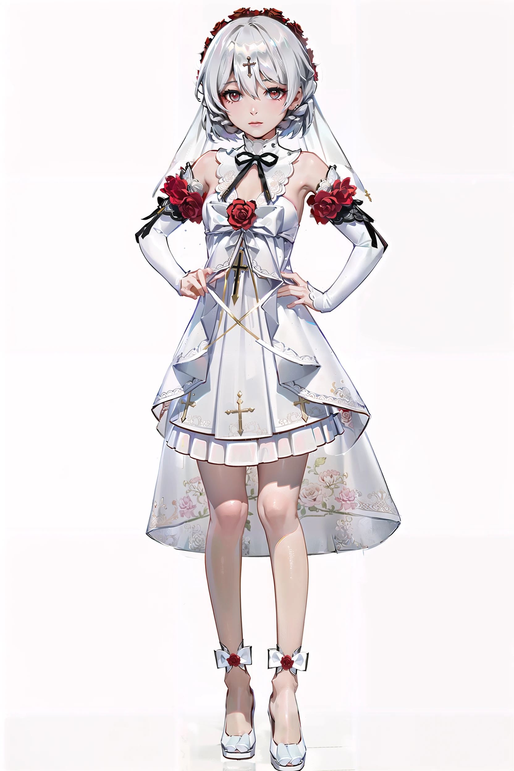 8k, best quality, masterpiece, (ultra-detailed:1.1), (high detailed skin),
(full body:1.2), white background, standing, looking at viewer, solo, hand on hip,
<lora:huajia-v100:1:lbw=OUTALL>, huajia, 1girl, theresa apocalypse, dress, red flower, white hair, white dress, flower, red rose, red eyes, wedding dress, bangs, bare shoulders, hair between eyes, hair ornament, bridal veil,
(white background, simple background,:1.2),
<lora:EnvyBetterHands LoCon_beta2 è¾
å©:0.55>, ( good hands, nice hands:0.5),
(beautiful_face), ((intricate_detail)), clear face,
((finely_detailed)), fine_fabric_emphasis,
((glossy)), full_shot,