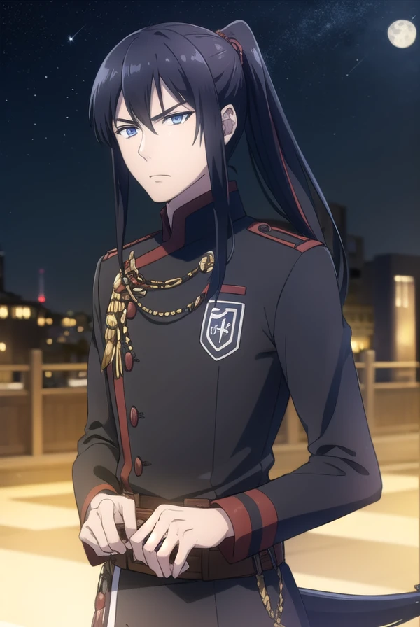 yuukanda, <lora:yuu kanda hallow s1-lora-nochekaiser:1>,
yuu kanda, long hair, black hair, ponytail, male focus,
BREAK uniform, military, military uniform,
BREAK outdoors, city, starry sky, night, moon,
BREAK looking at viewer, (cowboy shot:1.5),
BREAK <lyco:GoodHands-beta2:1>, (masterpiece:1.2), best quality, high resolution, unity 8k wallpaper, (illustration:0.8), (beautiful detailed eyes:1.6), extremely detailed face, perfect lighting, extremely detailed CG, (perfect hands, perfect anatomy),