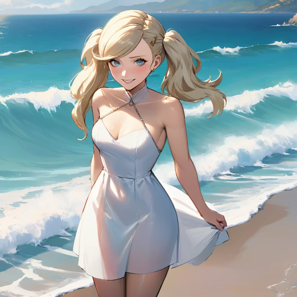 Digital art, masterpiece, a very detailed and professional screenshot, A teen Takamaki Ann standing by ocean smiling wearing a pure white dress<lora:ann_xl-000016:1>