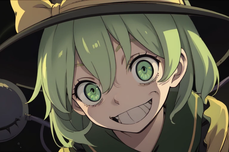 1girl, solo, creepy face, creepy smile, close-up, creepy pupils, shaded face, bags under eyes, big smile, teeth, small pupils, creepy eyes, crazy face, crazy smile, komeiji koishi, hat, hat bow, green hair, green eyes, yellow shirt, green skirt, long sleeves, wide sleeves, floral print