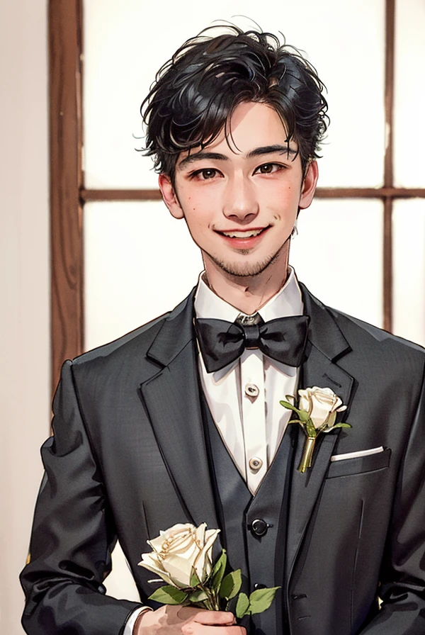 1boy, short black hair, smile, white skin, black suit, black bowtie, holding flowers,, realistic, wedding,
<lora:water3-000035:0.5>