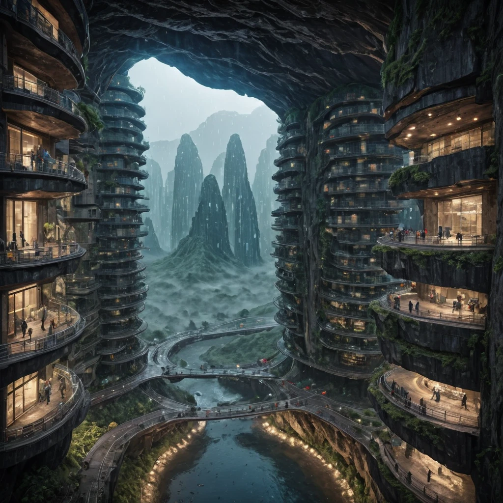 (FIRST PEOPLE PERSPECTIVE VIEW,  marvellous settlement,  spectacular ruins,  stonewalls,  maze:1.8), 
(settlement hidden in a cave dwelling:1.5), 
(Son Doong|sinkhole|underground_cave welling:1.4), 
(landscape architecture,  brutalist architecture:1.3), 
(large file,  super realistic,  4k,  8K,  16k,  FHD,  HD,  VFX,  perfect,  photograpy,  super high resolution,  cinematic photography:1.1), 
(extra long shot,  wide-angle lens,  POV,  DOF:1.2),  rich shadow, (harmonious color:1.1),  night,  lowlight,  lightless,  nightview, 
FUTURE_URBAN,  Apartment , furure_urban, future_skyline, urban,  badweather,  dark clouds,  horizontal decorative,  dark theme, city, badweather, dark clouds,  (dark theme:1.5), ,  heavy rain,  (raindrop details:1.4), 
, caveruinsPOV,  more detail XL,  science fiction,  extremely detailed structure,  futureurban, futureskyline, caveruinsPOV, cliffbuilding,<lora:EMS-59651-EMS:0.700000>,<lora:EMS-254948-EMS:0.900000>,<lora:EMS-255617-EMS:0.600000>