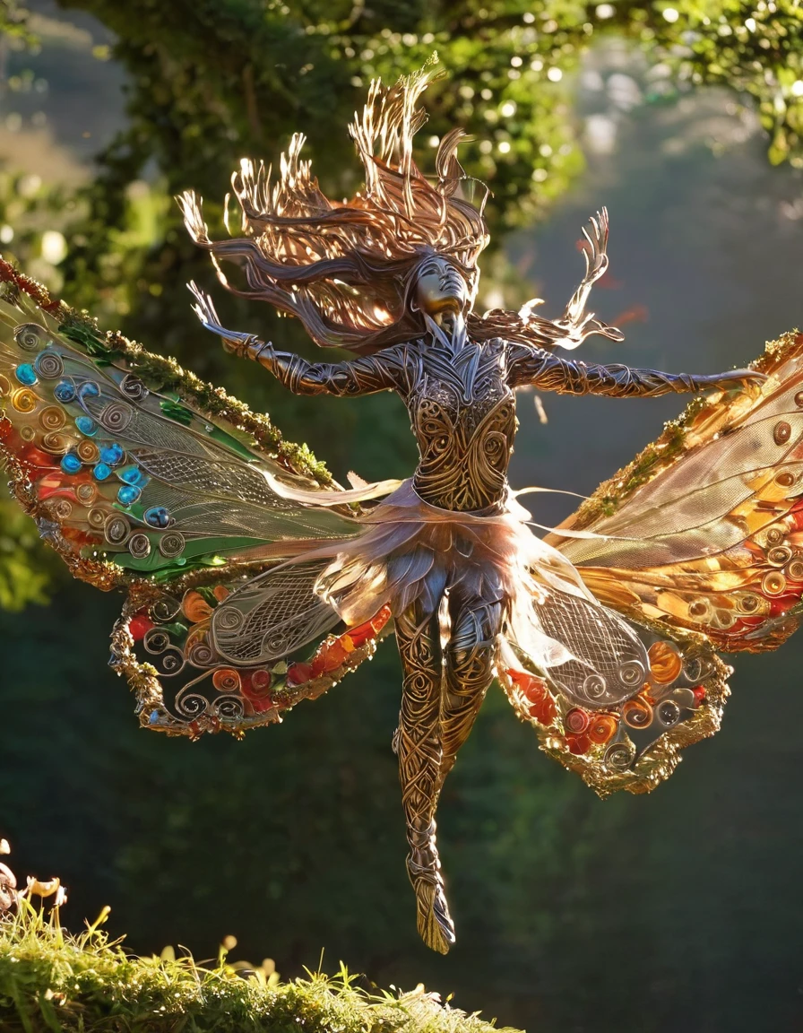 wire sculpture, wings, a fairy jumping, hair on the air, butterfly, 1girl, long hair, nature background, intricate, highly detailed, lush, sharp focus, dramatic light, open dynamic color, artistic, clear, beautiful, aesthetic, great, grand, symmetry, inspired, rich deep colors, cinematic, fine detail, enhanced, lucid, surreal, very inspirational
 <lora:WiredXL:1>, , <lora:FILM_PHOTOGRAPHY_STYLE:0.25>