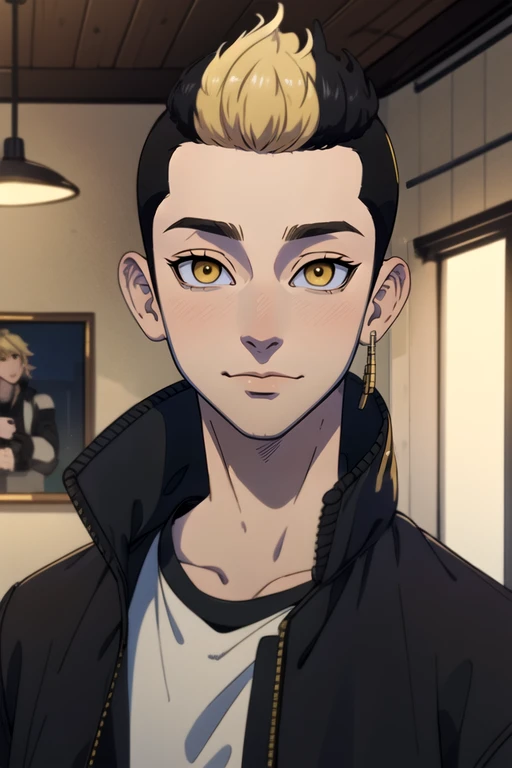 (best quality:1.1), (masterpiece:1.4), game cg, looking at viewer, upper body, depth of field, , realistic, 1boy, solo, male focus, <lora:shuuji_hanma:0.84>, shuuji_hanma, black hair, yellow eyes, blonde hair, two-tone hair, short hair, undercut, jacket, vest, , , 8k resolution