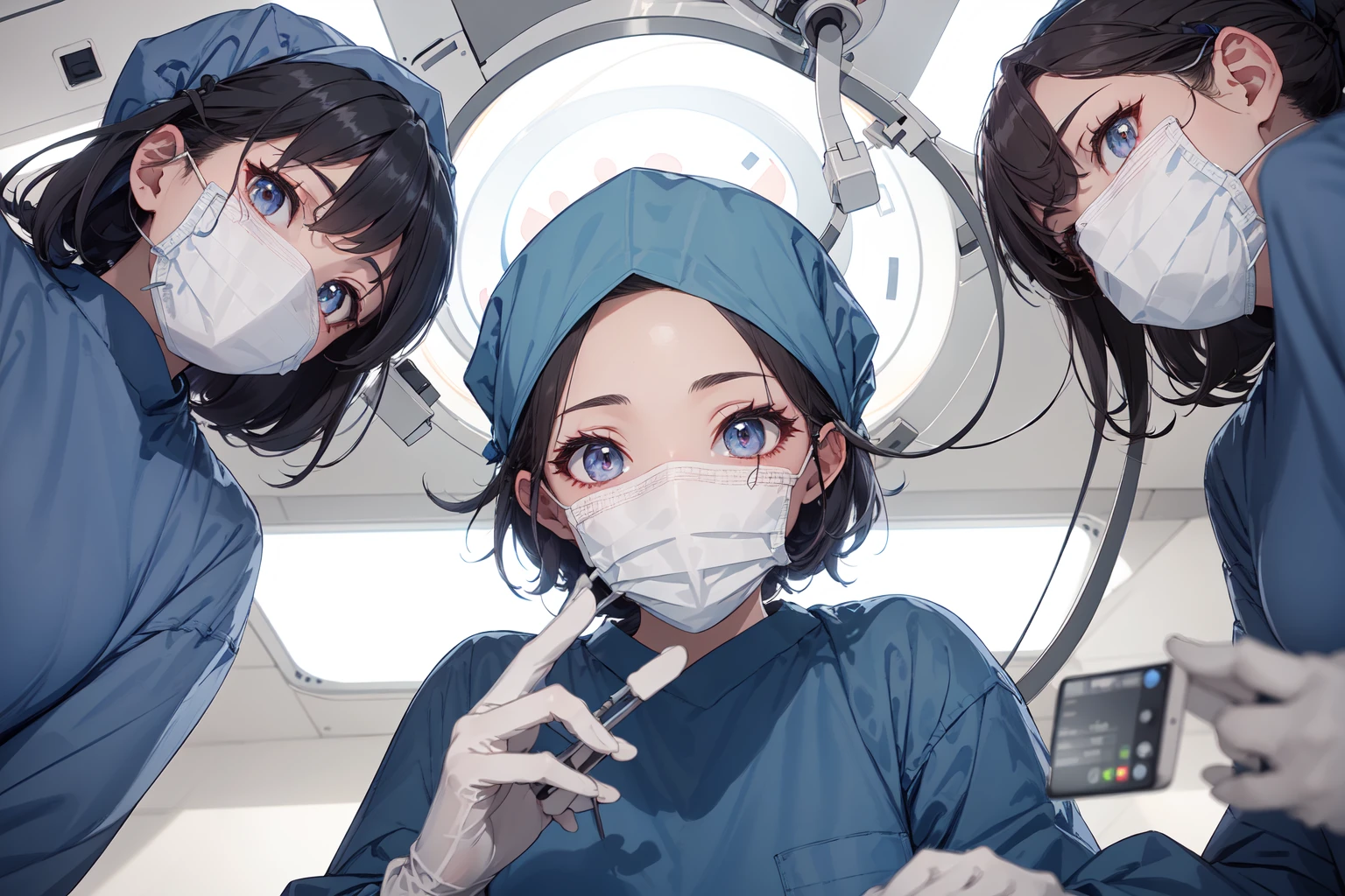 (RAW photo, best quality), 1girl, long sleeve surgical outfit, surgical mask, surgical gloves, surgical cap, operating room, overhead surgical light, multiple girls,
<lora:concept_surgery_pov_v3_1:1> surgery_pov, view from below, pov,