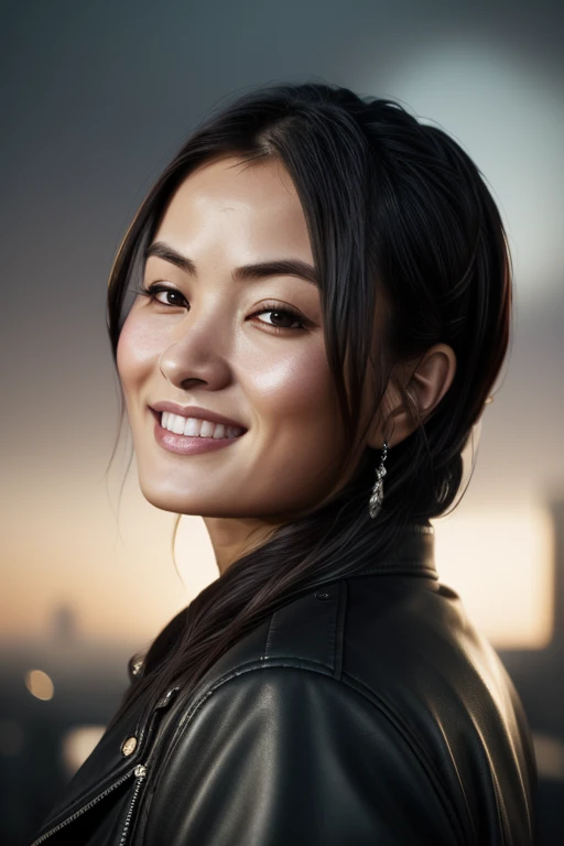 <lora:annasawa1:1>, smiling, ((portrait closeup)), ((from the waist up)), ((fantastic scenery, city)), natural skin texture, black leather jacket, 24mm, 4k textures, soft cinematic light, adobe lightroom, photolab, hdr, intricate, elegant, highly detailed, sharp focus, ((((cinematic look)))), soothing tones, insane details, intricate details, hyperdetailed, low contrast, soft cinematic light, exposure blend, hdr, faded