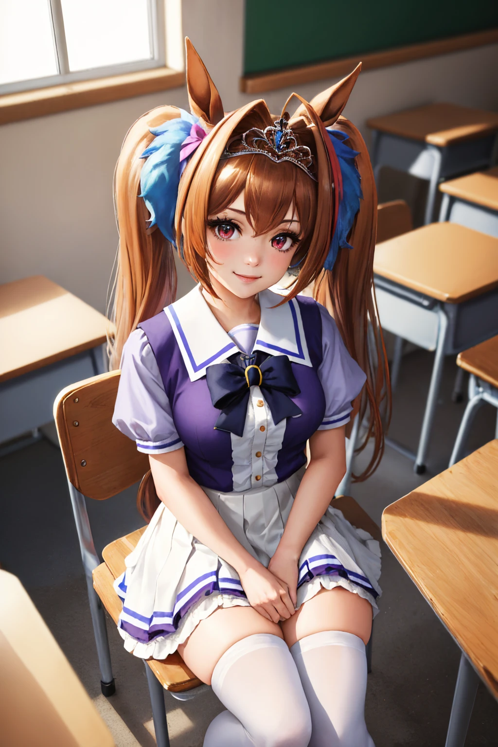 (masterpiece, best quality:1.2), from above, solo, 1girl, daiwatracen, smile, looking at viewer, sitting, chair, twintails, tiara, horse ears, tracen school uniform, purple shirt, bow, puffy short sleeves, white skirt, white thighhighs, horse tail, classroom <lora:umamusume_daiwascarlet-10:1>