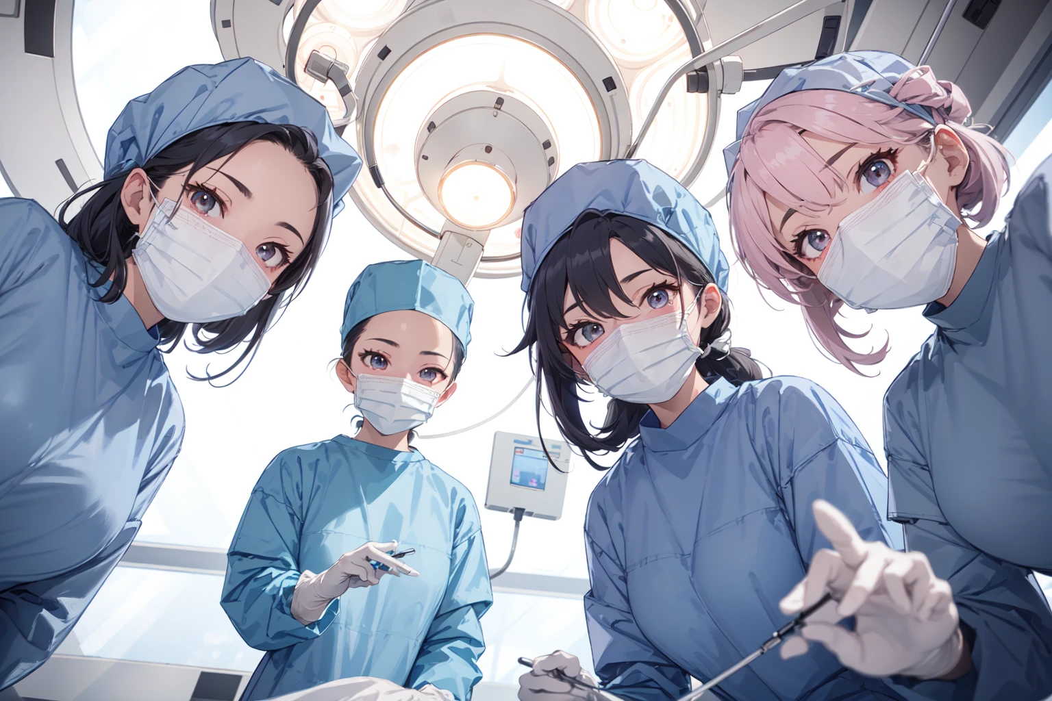 (RAW photo, best quality), 1girl, long sleeve surgical outfit, surgical mask, surgical gloves, surgical cap, operating room, overhead surgical light, multiple girls,
<lora:concept_surgery_pov_v3_1:1> surgery_pov, view from below, pov,