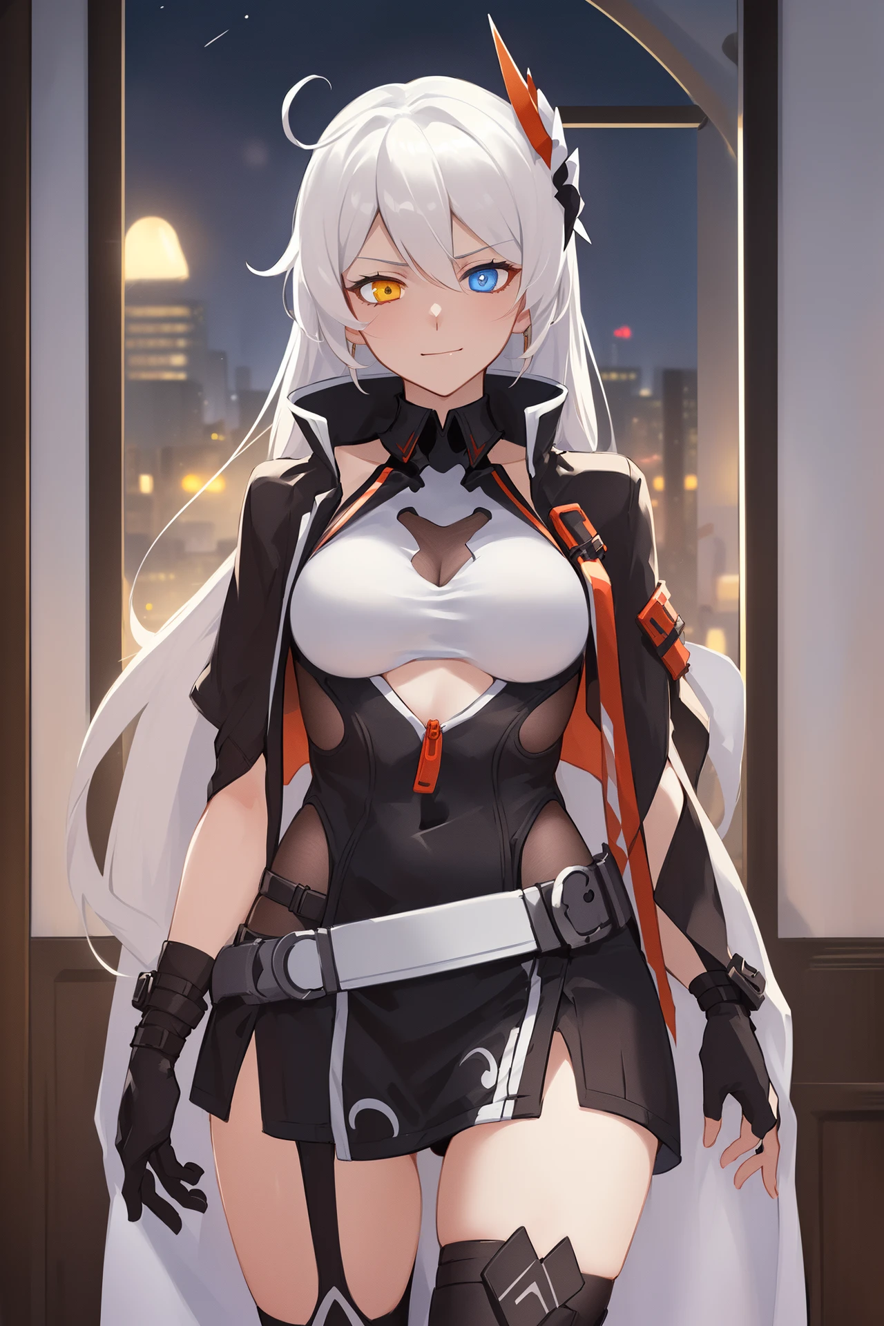 (masterpiece, best quality, high detailed, 8k uhd:1.2), <lora:KianaVD_V2-08:0.8>, kiana vd, 1girl, solo, slender,(medium breasts), (closed mouth, smirk, heterochromia:1.2), (long hair, white hair, hair ornament), (dress, thighhighs, cropped jacket:1.4), (armor, bare arms, asymmetrical gloves:1.2), (cowboy shot, looking at viewer:1.2), night, indoors