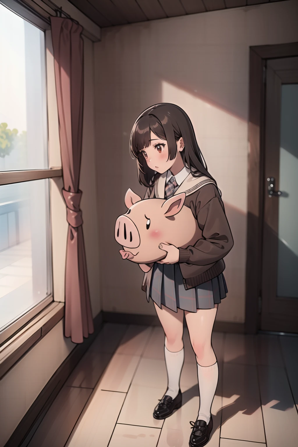 (masterpiece:1.4),high quality,high definition,sharp focus,detailed clothes,detailed body,detailed face,anime,best quality,8k,intricate detail,highres,extremely detailed,1girl,school uniform,white footwear,checkered_skirt,room,the girl is holding a pig,<lora:Hawk_V1:1>,pig,