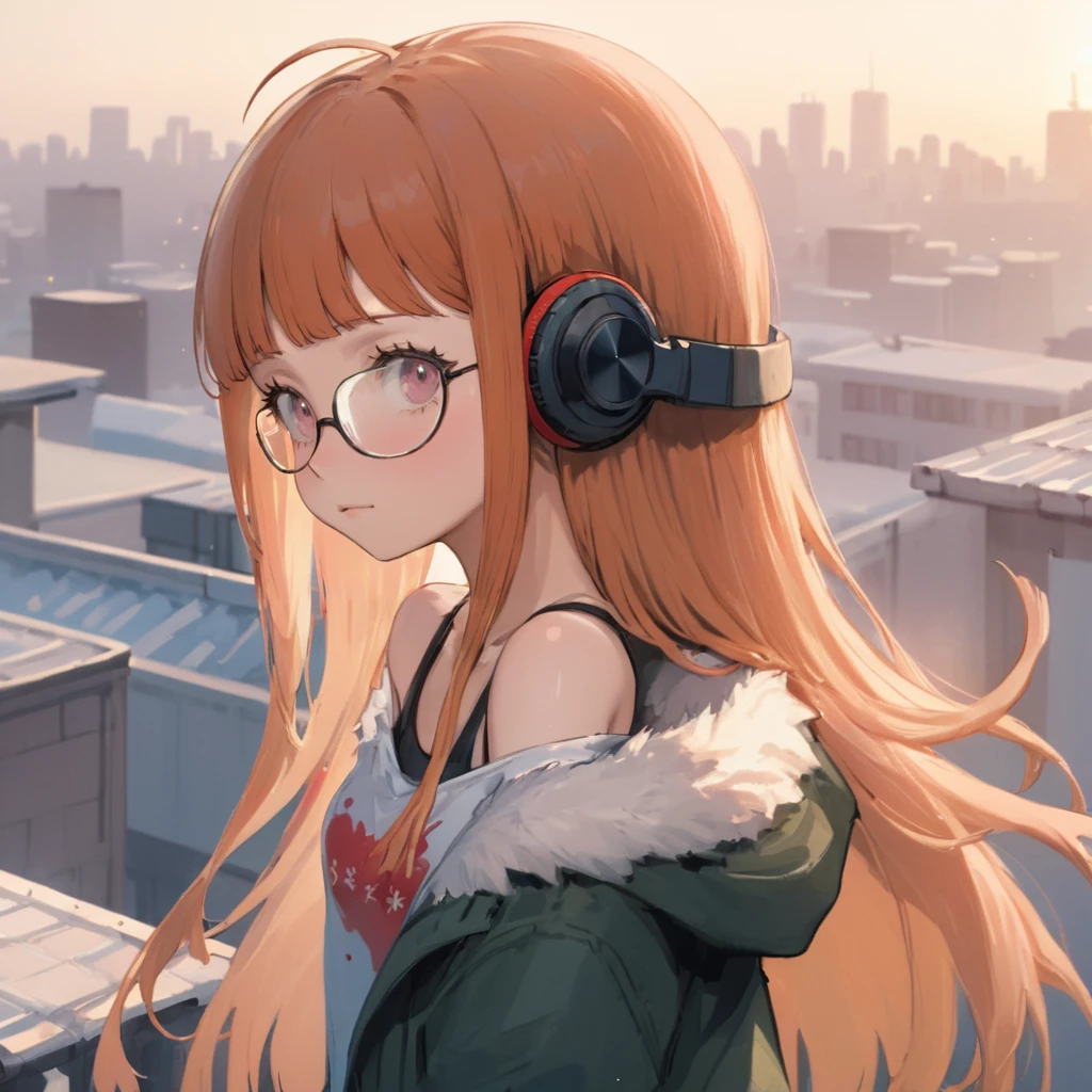 Digital art, masterpiece, a very detailed and professional screenshot, a halfbody portrait, A girl Sakura Futaba standing on rooftop wearing headphone <lora:futaba_xl-000014:1>