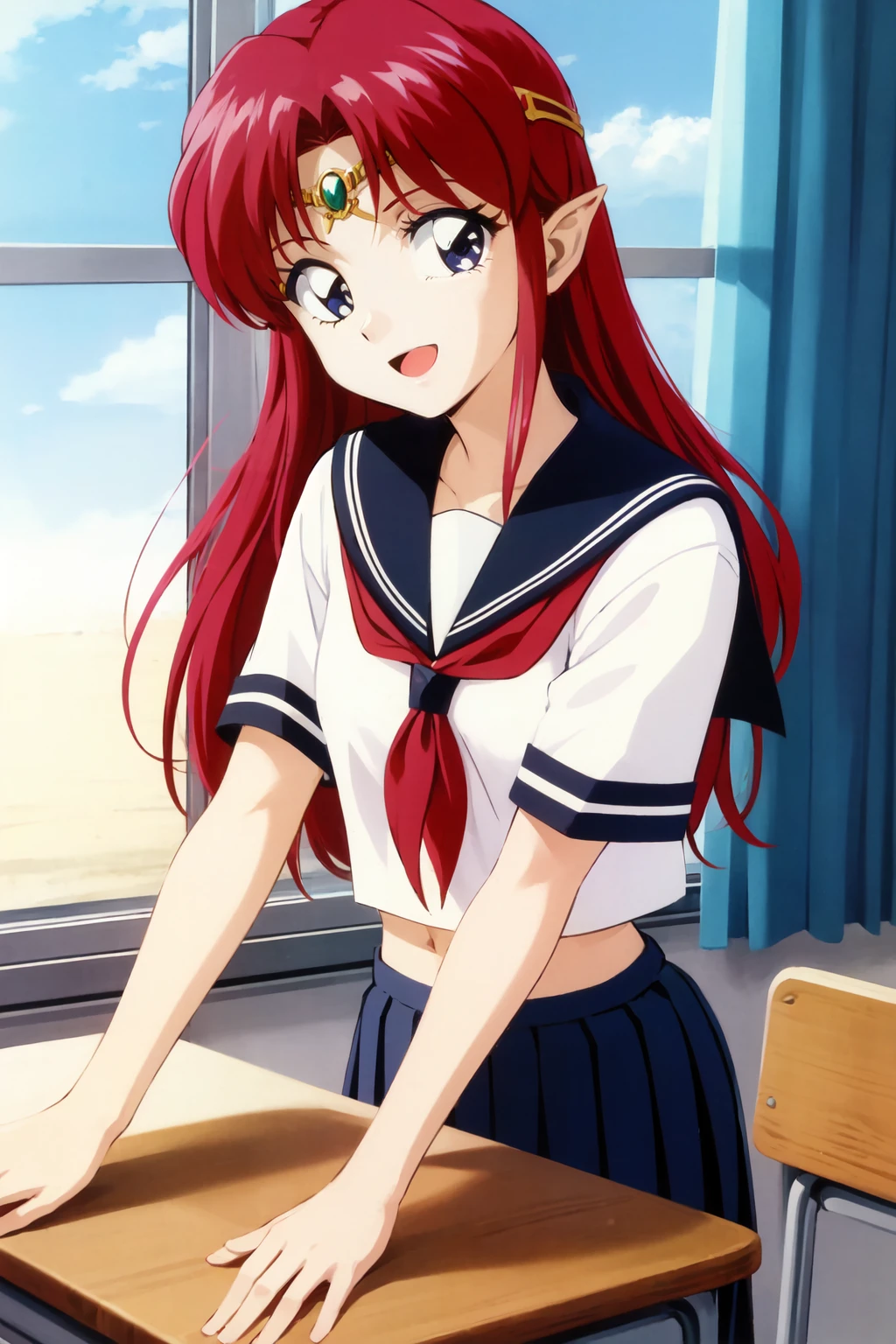 azalty, 1girl, solo, circlet, smile, open mouth, looking at viewer, midriff, school uniform, skirt, serafuku, blue skirt, retro artstyle, 1990s \(style\), curtains, classroom, sky <lora:azalty_V1-10:0.75>