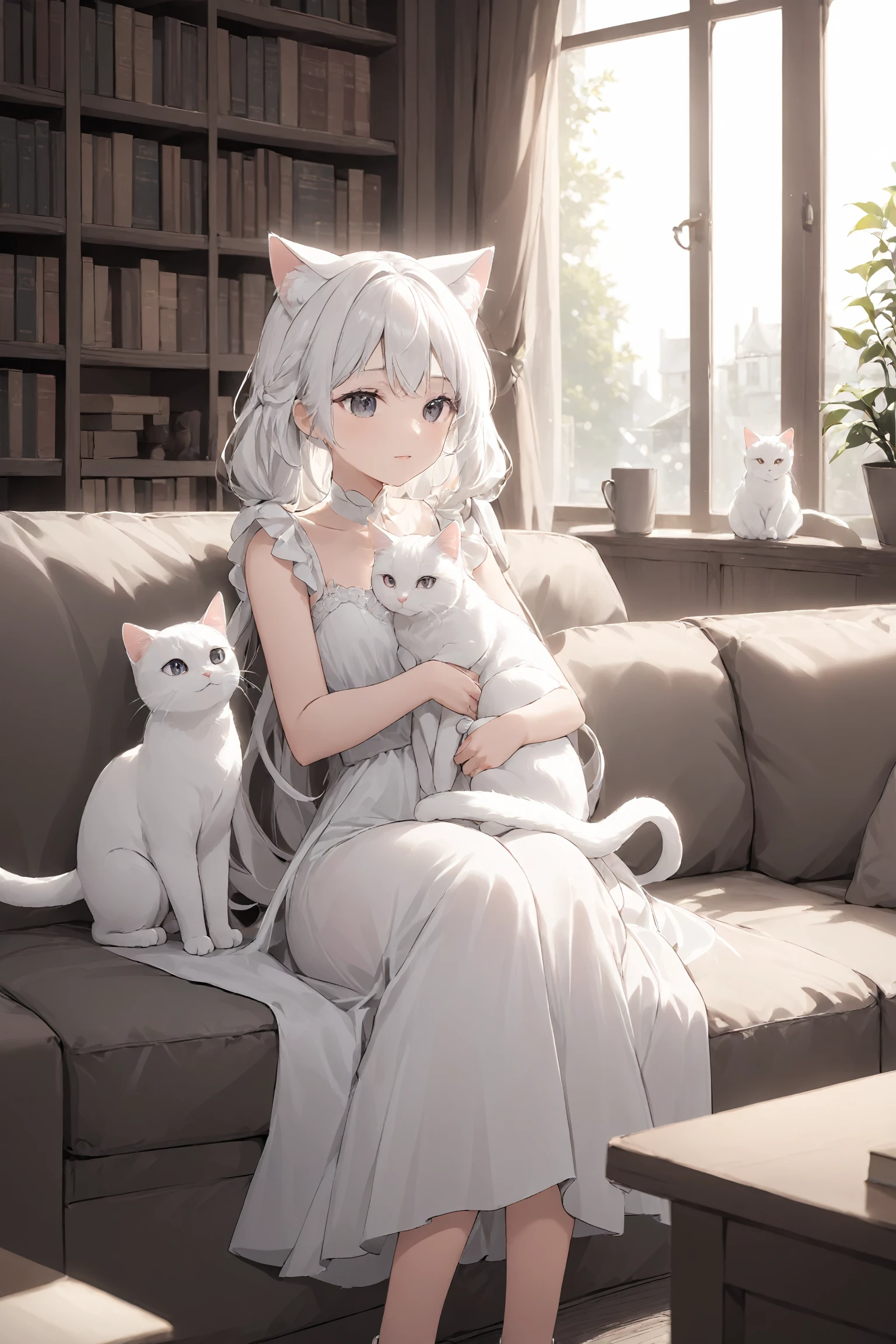 (masterpiece),(highest quality),highres,(an extremely delicate and beautiful),(extremely detailed),
a young girl with white hair and wearing a white dress sits on a couch, embracing a white cat, She has cat ears and a tail, showing her to be a feline creature like human, with a window letting in natural light and a bookshelf full of various books, Nearby, one can see a cup placed on a table,
depth of field, blurry foreground, blurry background,
<lora:hinaigirl-animagine-civitai:0.7>
