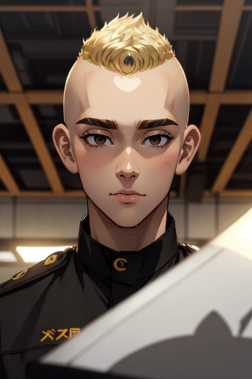 photorealistic, (4k), depth of field, (Masterpiece), (realistic skin texture), extremely detailed, intricate, hyper detailed, high resolution, professional photography, bokeh, depth of field, sharp detail, best quality, , 1boy, solo, male focus, <lora:yasuhiro_mutou:0.88>, yasuhiro_mutou, blonde hair, black eyes, short hair, bald, thick eyebrows, jacket, candy costume, science fiction speculative fiction,