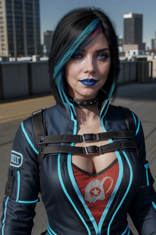 RAW photo of gracedecker, exercise jacket, studded choker, backpack straps, skull symbol, two toned hair cover eye, cyberpunk city, futuristic, portrait
, highly detailed, realistic <lora:SaintsRowGraceDeckerV0-5c:0.7>