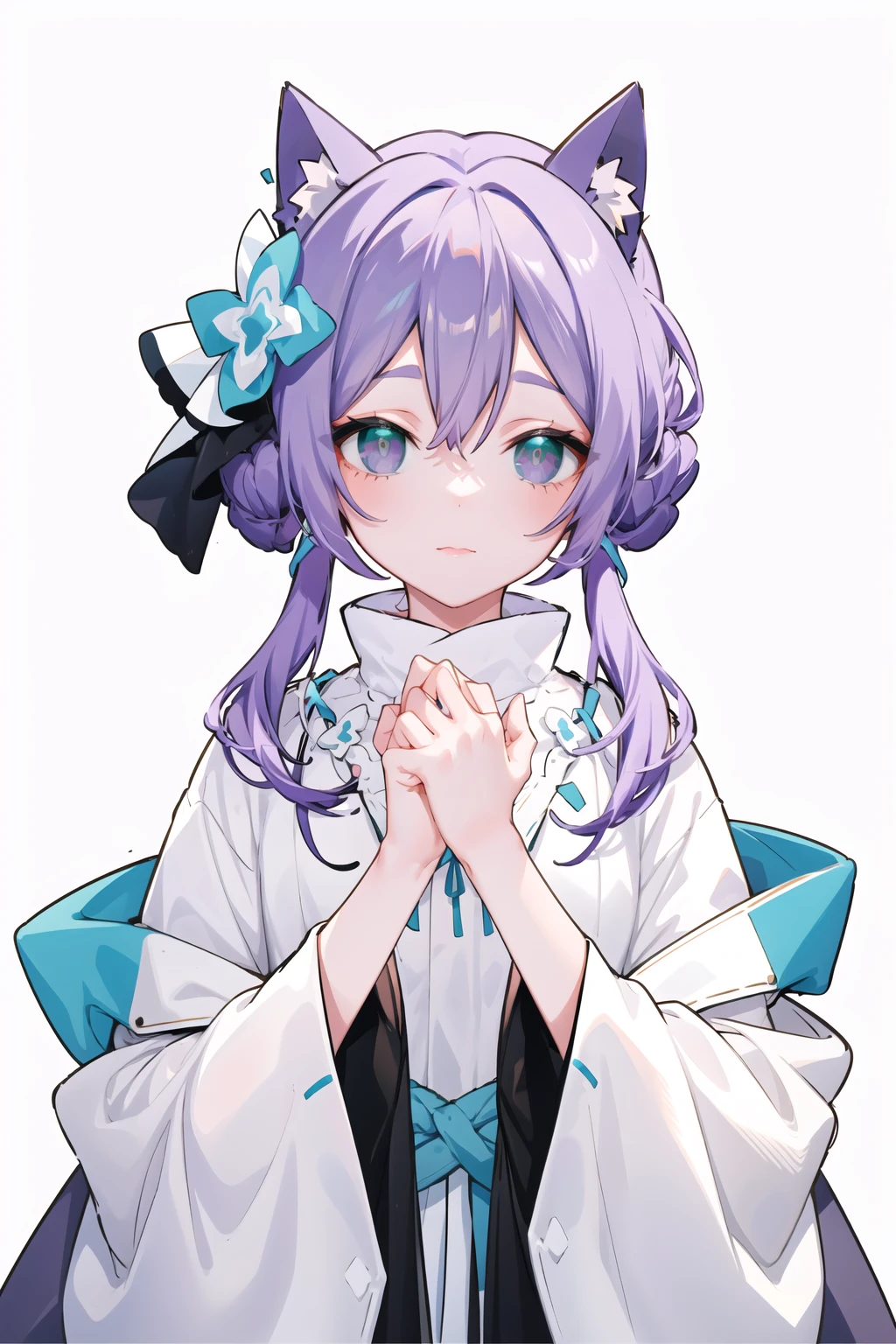 ((masterpiece)), 1girl, solo, <lora:saltMaimaiAnything1.6.4:0.85>, high Detail,
cat ears, green pupils, (purple eyes, green eyes, multicolored eyes,:1.1) ,looking at viewer, closed mouth, grey purple hair,
cowboy shot, <lora:shiromuku:0.45>, shiromuku, white hood,white kimono, cat ear covered under hood,(full body:1.1), (hands on own chest:1.2), straight-on,