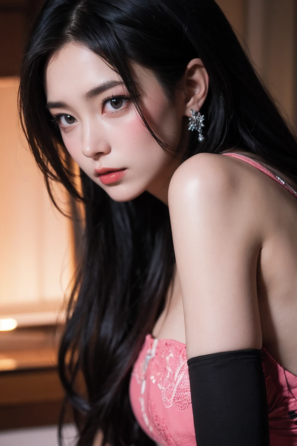 <lora:Again_Girl_A8_R2:1.5>,Again Girl A8 R2,1girl,close up,black long hair,solo,bare shoulders,looking at viewer,black eyes,elbow gloves,closed mouth,breasts,pink dress,