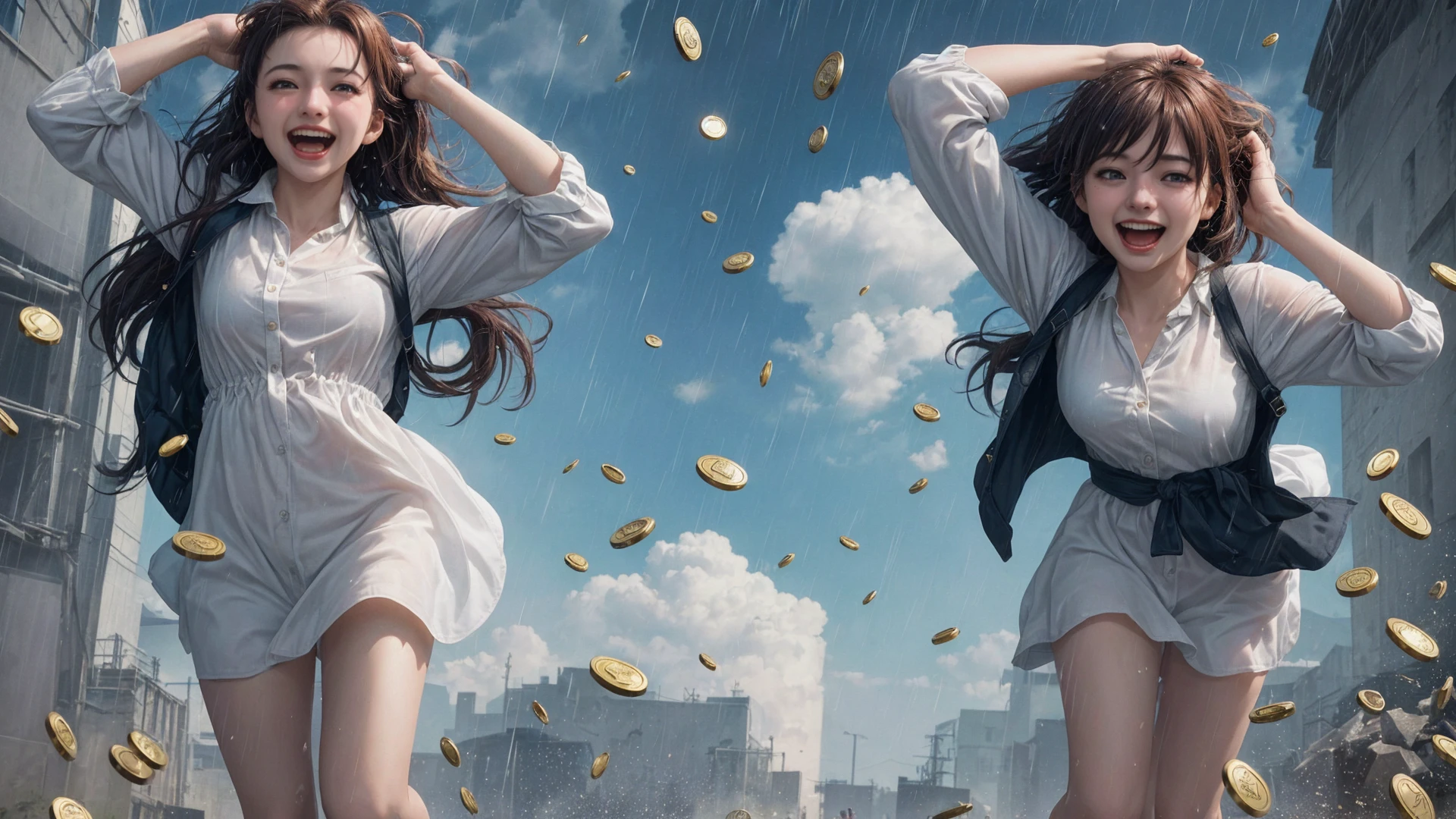 <lora:that is me:0.3>, 1girl,solo, (running Lady Knight, raining gold coins from the sky, gold coins crashing down on the head of the female knight, the female knight holding her head in delight, grand epic scene):1.6, beautiful face,long hair,cinemagraph, close-up, Wide Angle, movieer, movie theacrazy laugh, crazy, full body,
from below,masterpiece,best quality,official art,extremely detailed CG unity 8k wallpaper, sharpening, <lora:run:0.6>run,running,sky,coins,
<lora:add_detail ç»èè°èå¨:0.5>