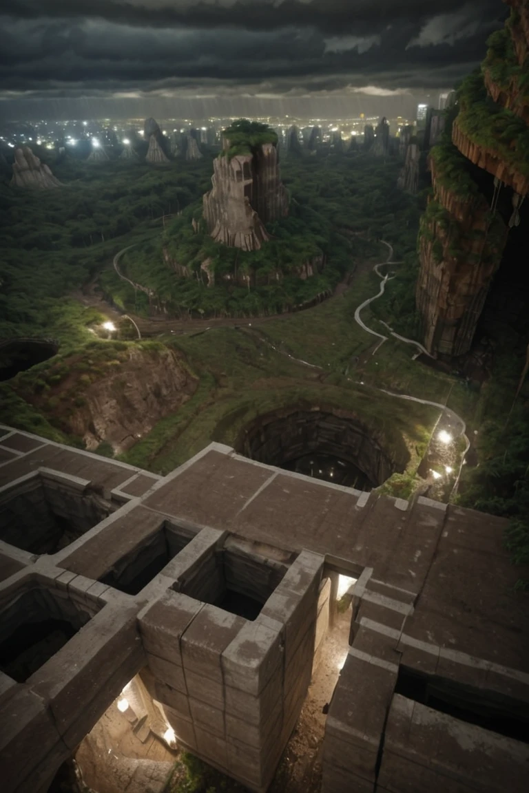 (Aerial VIEW,  settlement,  ruins,  stonewalls,  maze:1.8), 
(settlement hidden in a cave dwelling:1.5), 
(Son Doong|sinkhole|underground_cave welling:1.4), 
(landscape architecture,  brutalist architecture:1.3), 
(large file,  super realistic,  4k,  8K,  16k,  FHD,  HD,  VFX,  perfect,  photograpy,  super high resolution,  cinematic photography:1.1), 
(extra long shot,  wide-angle lens,  POV,  DOF:1.2),  rich shadow, (harmonious color:1.1),  night,  lowlight,  lightless,  nightview, 
FUTURE_URBAN,  Apartment , furure_urban, future_skyline, urban,  badweather,  dark clouds,  horizontal decorative,  dark theme, city, badweather, dark clouds,  (dark theme:1.5), ,  heavy rain,  (raindrop details:1.4), 
, caveruinsAerial, more detail XL,<lora:EMS-255443-EMS:1.600000>,<lora:EMS-61413-EMS:0.600000>,<lora:EMS-59651-EMS:0.600000>