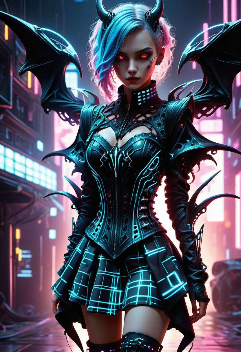 hyper detailed masterpiece, dynamic, awesome quality, DonMN1gh7D3m0nXL constricting full body clothing, gingham, cyberpunk neon pattern, crystal, batwing sleeves, midi length, empire waist, flared skirt, convertible dress, corset closure,,oil wash,,side pockets,,lace-up back,,pockets, made of night demon <lora:DonMN1gh7D3m0nXL-v1.1-000008:1>