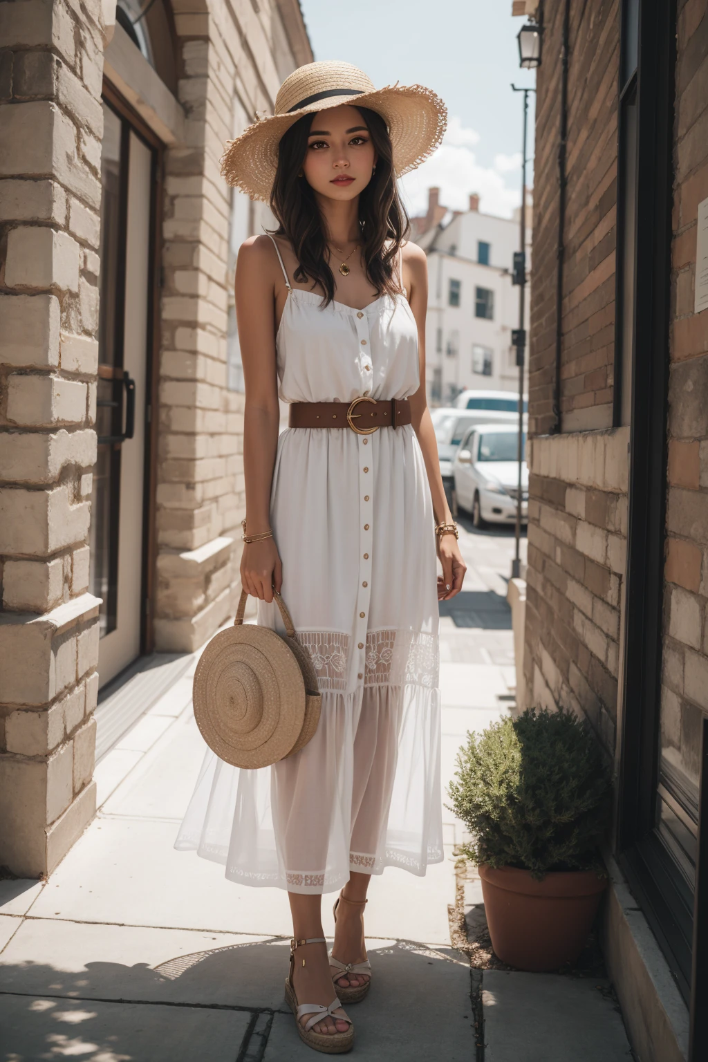 a portrait of beautiful Maxi dress, espadrilles, woven belt, straw hat, statement ring