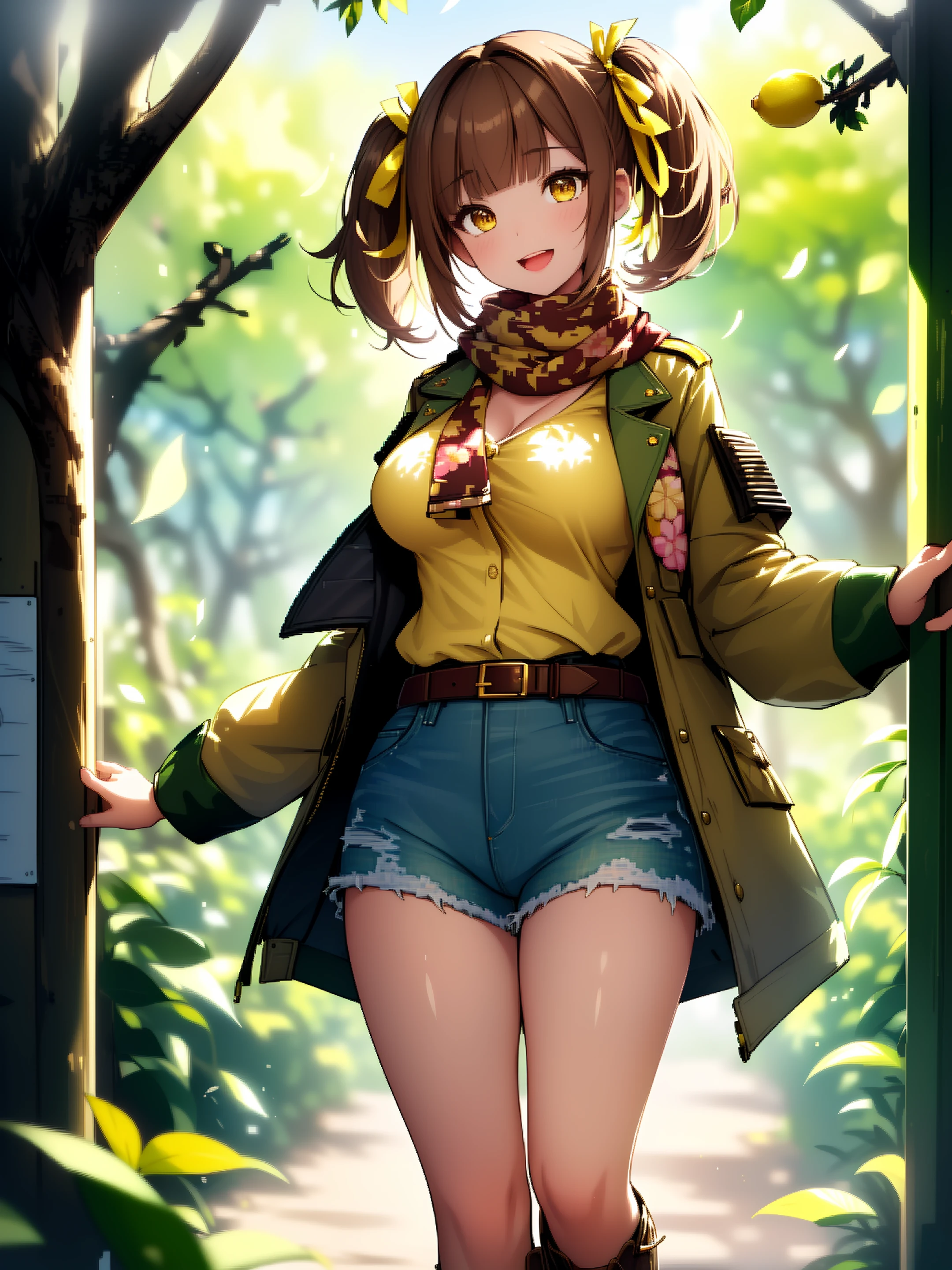 ((extremely detailed 8k illustration)), highres, (extremely detailed and beautiful background), ultra detailed painting, professional illustrasion, Ultra-precise depiction, Ultra-detailed depiction, (beautiful and aesthetic:1.2), HDR, (depth of field:1.4), colorful, vivid, beautiful detailed glow light particles, intricate:1.4, nice hands, perfect hands,
(young girl), kawaii, lovely, ((Playful short twintail hair)), (blunt bangs), (((antique light brown hair))), Alluring facial features with a bright, full of curiosity and enthusiasm, Energetic and lively physique, big breasts, (strong breasts), thin pubic hair, (hair ribbon), irresistible personality, smile, open mouth,
((A vibrant), ((green belted military jacket))) adorned with golden epaulets over a ruffled, ((lemon-yellow blouse) paired with high-waisted), distressed denim shorts. Topped off with (caramel-colored combat boots) and accessorized with a dainty, floral-patterned scarf, Standing with arms behind the head,
Within lush orchards, vibrant fruits hang heavy on branches, ripe for picking. Trees laden with fruits and blossoming flowers paint a colorful landscape.,