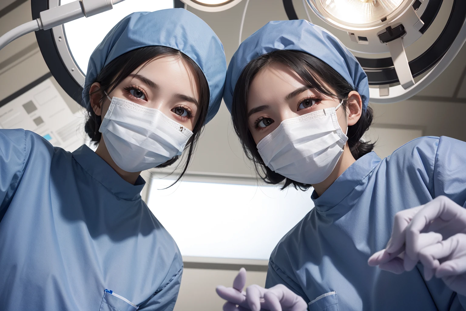 (RAW photo, best quality), 1girl, long sleeve surgical outfit, surgical mask, surgical gloves, surgical cap, operating room, overhead surgical light, looking downward, multiple girls,
<lora:concept_surgery_pov_v3_1:1> surgery_pov, view from below, pov,