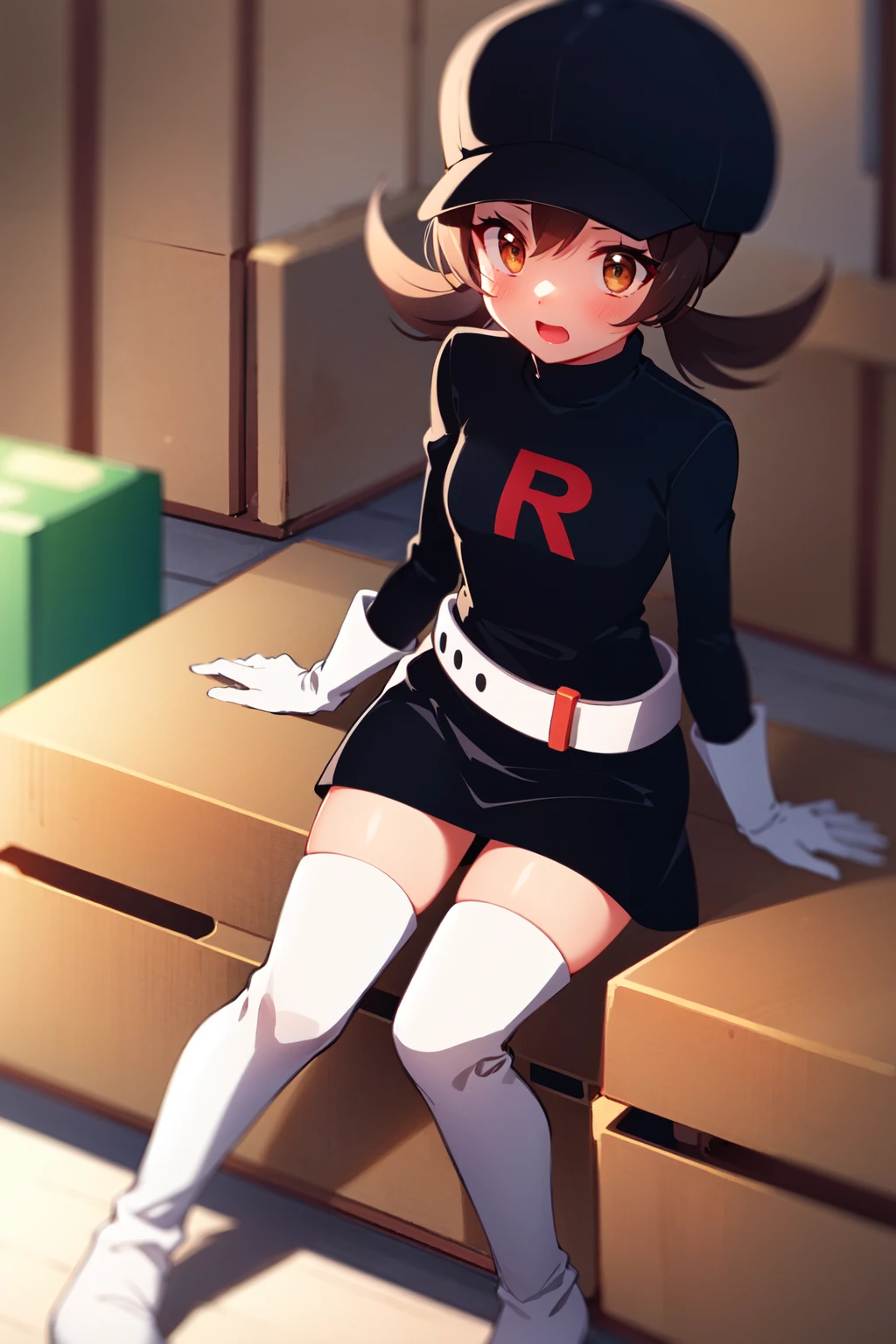 solo,  lyra,  black shirt,  belt,  black skirt,  team rocket uniform,  cabbie hat,  black headwear,  thigh boots,  elbow gloves,  in warehouse,  sitting on crate,  white boots,  white gloves,<lora:EMS-255339-EMS:0.800000>