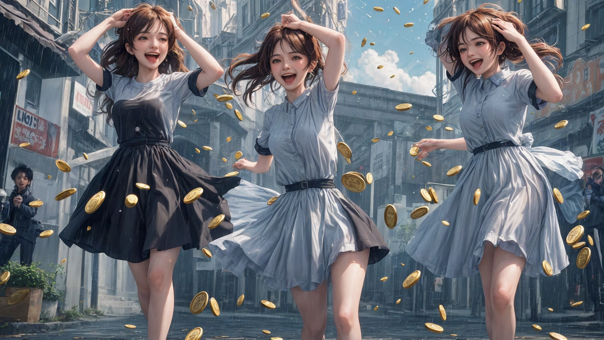 <lora:that is me:0.3>, 1girl,solo, (running Lady Knight, raining gold coins from the sky, gold coins crashing down on the head of the female knight, the female knight holding her head in delight, grand epic scene):1.6, beautiful face,long hair,cinemagraph, close-up, Wide Angle, movieer, movie theacrazy laugh, crazy, full body,
from below,masterpiece,best quality,official art,extremely detailed CG unity 8k wallpaper, sharpening, <lora:run:0.6>run,running,sky,coins,
<lora:add_detail ç»èè°èå¨:0.5>