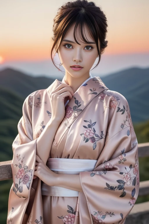 1girl,(wearing a gorgeous floral pattern kimono:1.2),(RAW photo, best quality), (realistic, photo-realistic:1.4), masterpiece, an extremely delicate and beautiful, extremely detailed, 2k wallpaper, Amazing, finely detail, extremely detailed CG unity 8k wallpaper, ultra-detailed, highres, soft light, beautiful detailed girl, extremely detailed eyes and face, beautiful detailed nose, beautiful detailed eyes,cinematic lighting,on a mountain top,sunrise,new year sunrise,perfect anatomy,slender body,<lora:new_hefu_:0.6> <lora:fujisakinagi_lora:0.8>