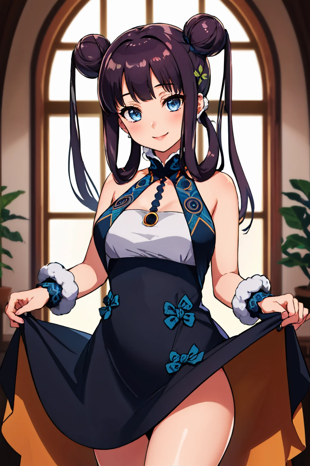 (masterpiece, best quality:1.2), solo, 1girl, yangst1, smile, looking at viewer, dress lift, double bun, twintails, leaf hair ornament, black dress, arm warmers <lora:fate_yangguifei-09:1>
