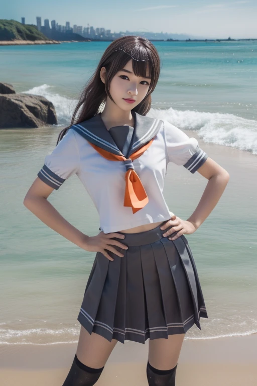 ltra-detailed,highly detailed,best quality,masterpiece,illustration,realistic,photorealistic,
llas, cosplay, 1girl, solo,
school uniform, serafuku, sailor collar, short sleeves, orange necktie, tie clip, pleated skirt,kneehighs,
long hair, bangs,hair ornament, twintails,
looking at viewer, hands on hips, head tilt, cowboy shot,
photo background, beach,sea,waves, skyline, wind,
<lora:llas_v1_05:0.8>