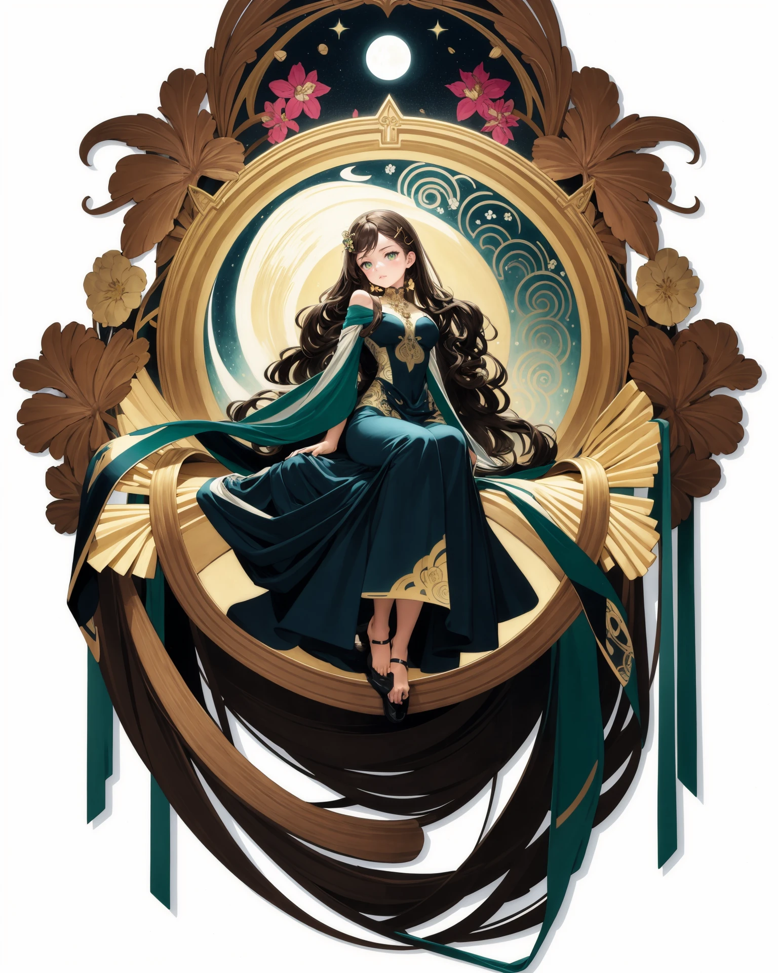 [(white background:1.5), ::2]1girl, solo, (isometric:0.75), 
1girl, solo, modern art, abstract, Alphonse Mucha, oil painting, vibrant colors, flowing lines, asymmetrical composition, geometric shapes, gold accents, tall and slender, brunette hair, long flowing locks, loose waves, floral hairpin, mesmerizing emerald green eyes, almond-shaped eyes, serene expression, modest bust size, flowing gown, intricate patterns, reminiscent of Art Nouveau, swirling background, celestial motifs, moonlit night, ethereal glow, gentle brush strokes.