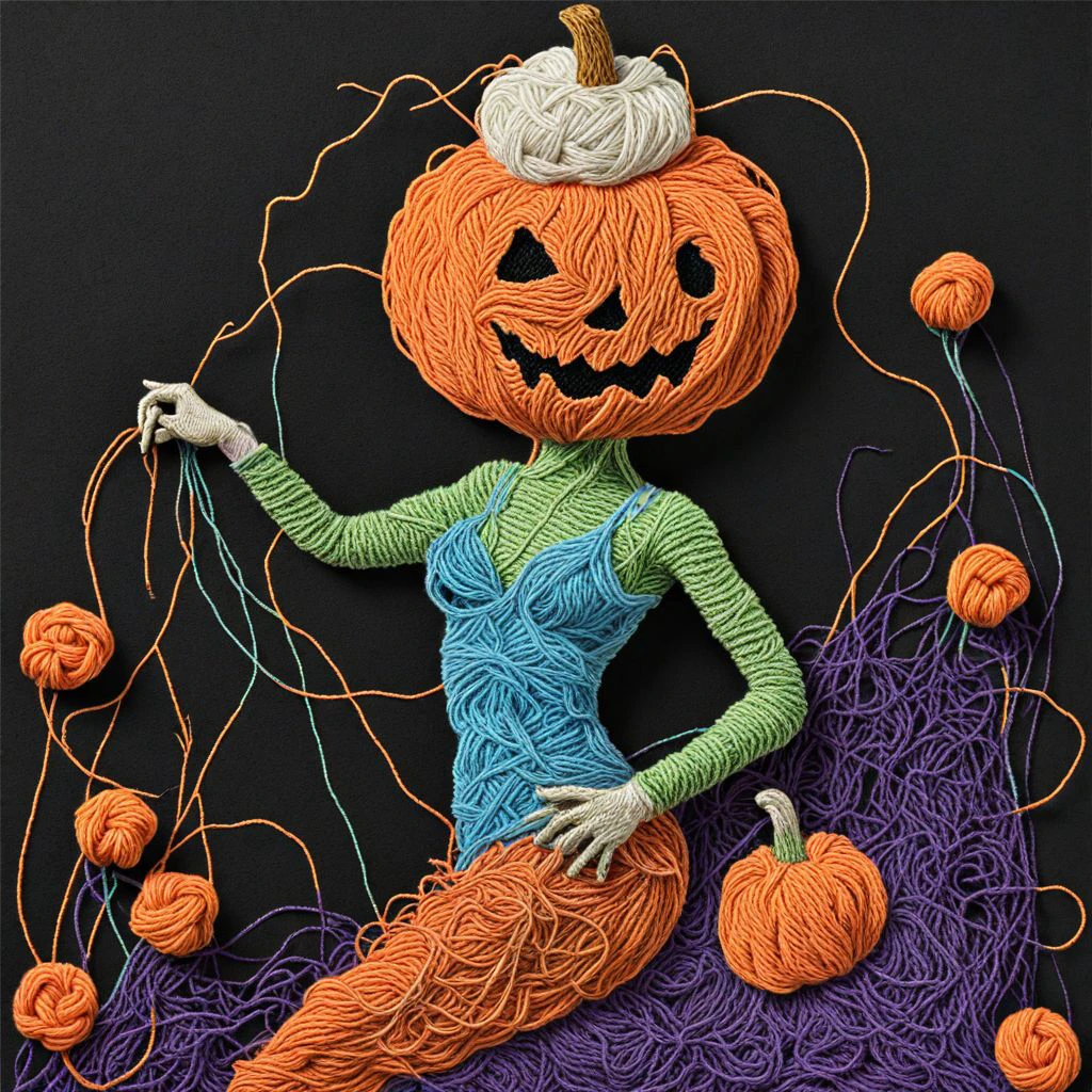 A dancer at a night club Pumpkinhead Yarn art style <lora:SDXL_Yarn_Art_Style:1.0> <lora:SDXL-Pumpkinhead-Lora:1>