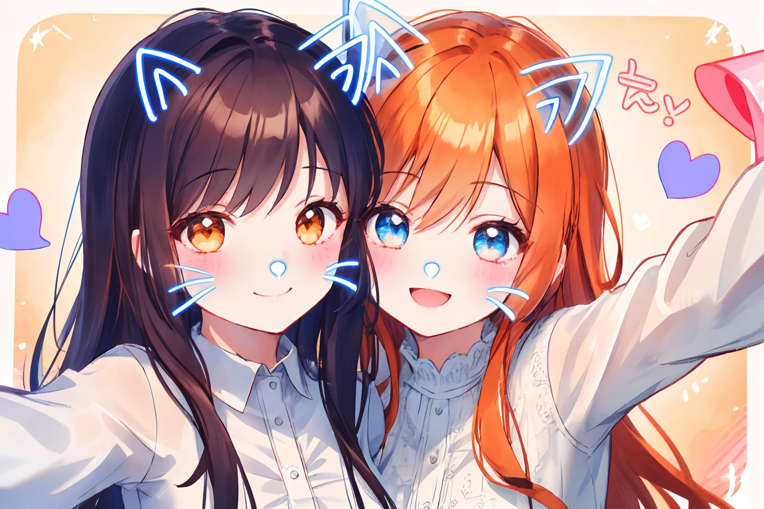 2girl, hires,high resolution, catfacefilter,(face filter:1.1), blue face filter,drawn ears, drawn nose, drawn whiskers, drawn hearts, hearts <lora:cat face filter v1:1.0>, dress, shirt, cheek to cheek, smile, upper body, selfie, picture, dark hair, orange hair,