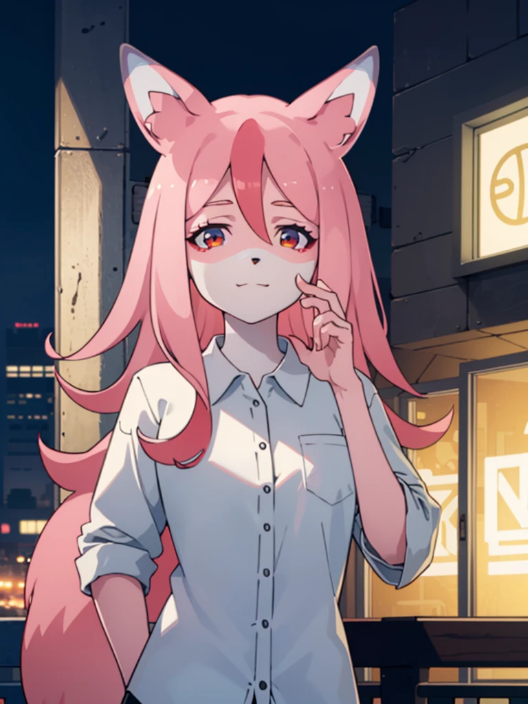 1 girl, fox girl, solo, furry,furry female, nazuna_hiwatashi, pink hair,long hair, red eyes, animal nose, fox ears, pink tail, (high quality, best quality, (4k), hi res, masterpiece, beautiful, high details), <lora:nazuna:0.9>, happy, looking at viewer, hotel ,city, night, neon lights, white shirt, medium breasts, detailed eyes, good lighting,