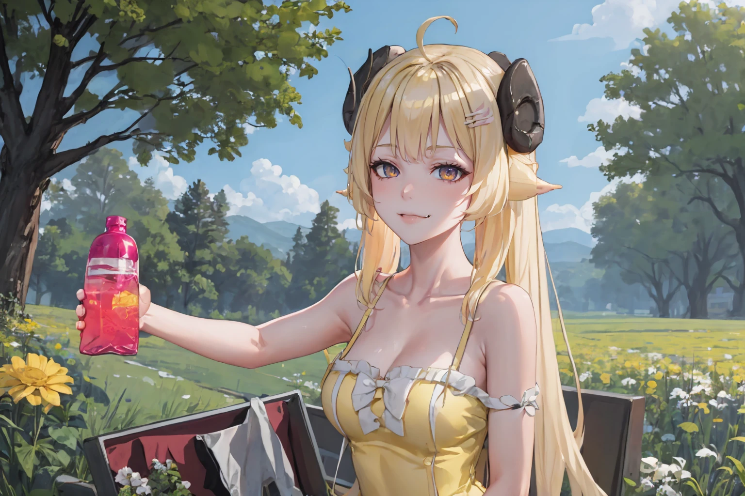 (masterpiece, best quality:1.2), upper body, solo, 1girl, tsunomaki watame, frierenthrilled, smug, holding bottle, outstretched arm, long hair, (yellow sundress:1.1), outdoors, flower field <lora:Char_VTuber_TsunomakiWatame:0.8> <lora:concept_frierenthrilled-16:1>