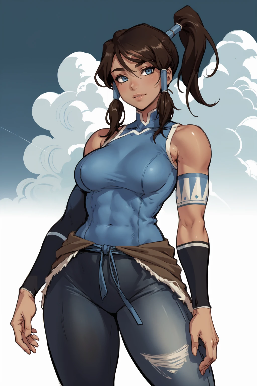 ((Portrait Photo, Dark Skin)), She has an Athletic and Slender Appearance, with a Muscular Build, Black Skin and Relaxed Aura. She Expresses a Serene and Indifferent Look, Giving Off a Composed and Unfazed Attitude. She has Light Blue Eyes, and Her Hair is Long and Black, with Dreadlocks Falling Over Her Forehead. She Wears a Tight Crop Top, Revealing Her Midriff, with a Dark Blue Scarf. ((Portrait Photo, HDR, Dark Background))