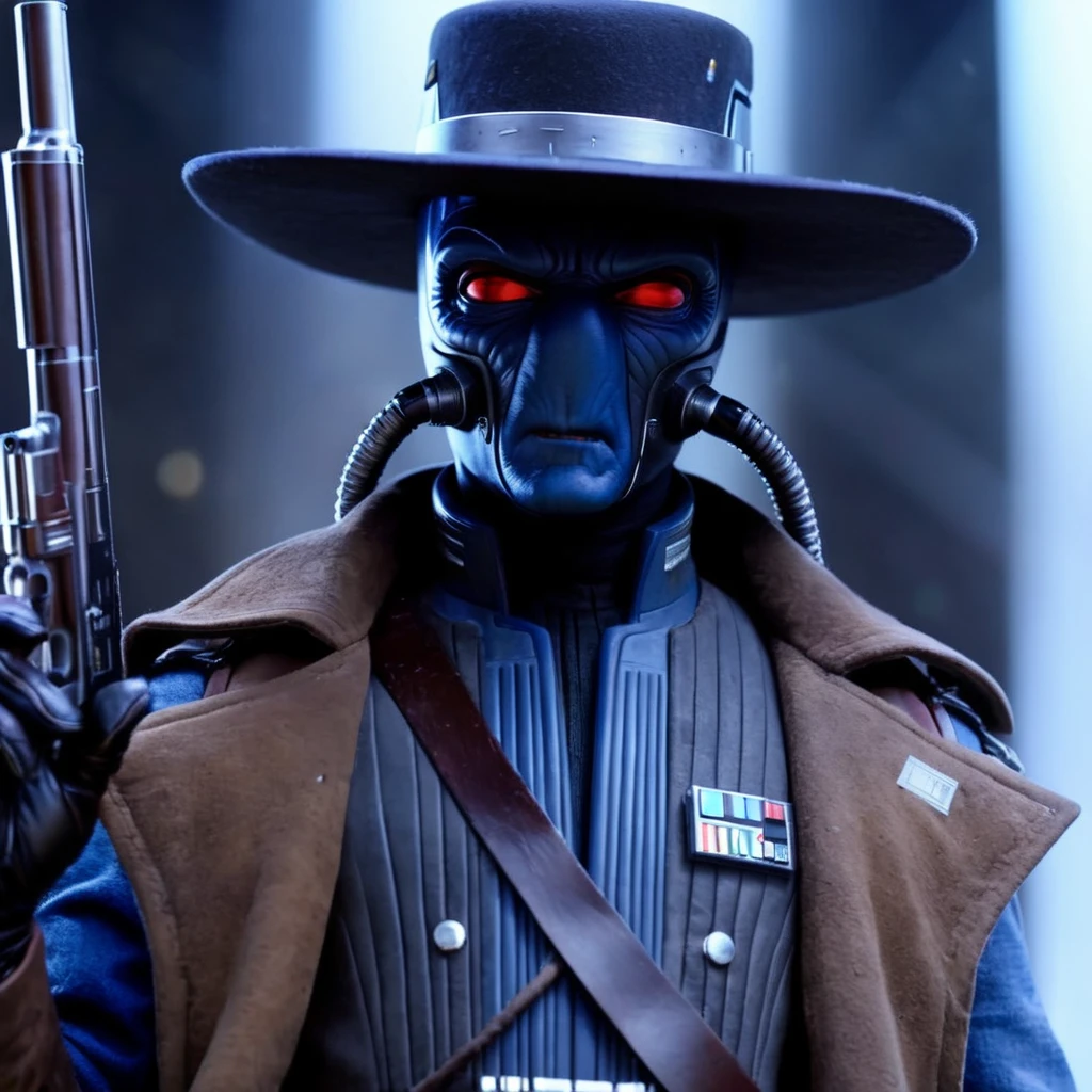 UHD, 4k, ultra detailed, cinematic, a photograph of <lora:Cad Bane v2:1>
Cad Bane a blue skin big red eyes western man in a hat and trench coat with breathing tubes holding a gun In star wars universe, epic, beautiful lighting, inpsiring