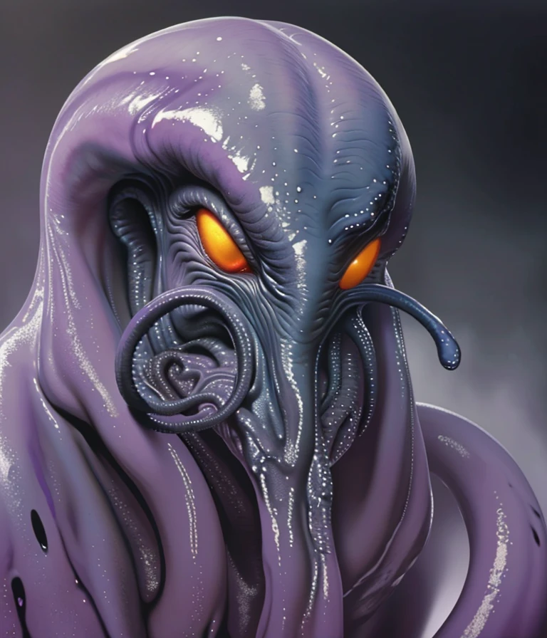 Scary creature, Glowing eyes, scary, gross, glistening wet skin, large alien creature, tentacles dripping with slime, elongated head with black and purple skin detail, high resolution, ultra quality, a masterpiece, slime, ooze, hyper-detailed, cinematic shot, cinematic lighting, soft focus, hyper detailed, full head, by HR Giger, Chet Zar, Michael Whelan, by Wayne Barlowe, fine art parody,