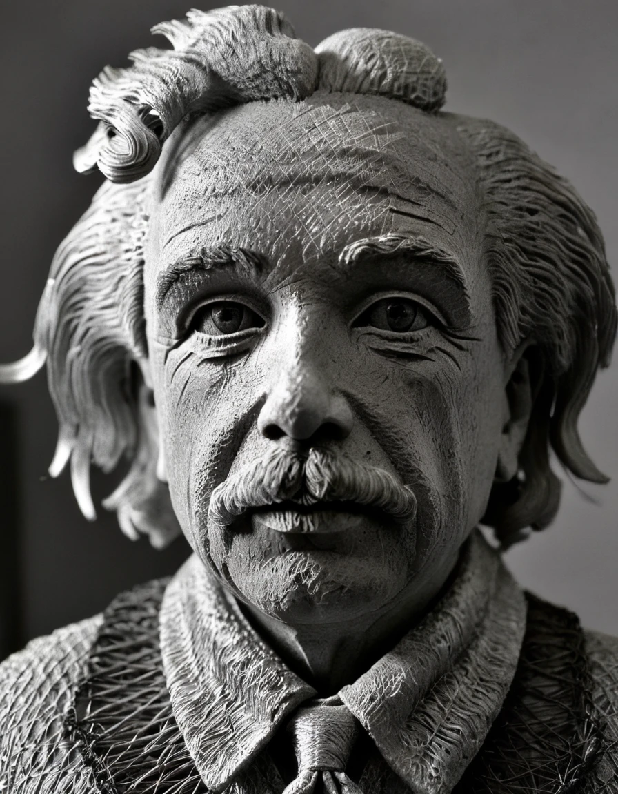 wire sculpture, Albert Einstein, upper body, greyscale, monochrome, 1boy, male focus, facial hair, necktie, collared shirt, cinematic, elegant, intricate, highly detailed, surreal, sharp, fair, clear, artistic, very beautiful, innocent, pure, light, background, illuminated, color, epic, extremely complex, glowing, strong
<lora:WiredXL:1>, , <lora:FILM_PHOTOGRAPHY_STYLE:0.25>