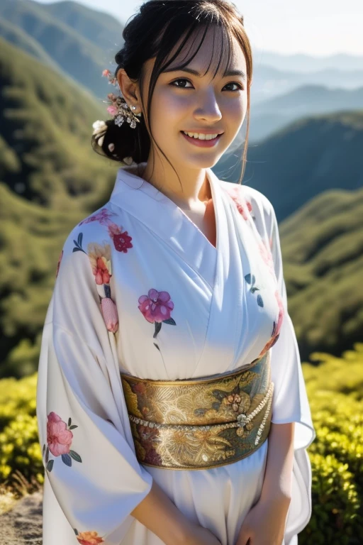 1girl,(wearing a gorgeous floral pattern kimono:1.2),(RAW photo, best quality), (realistic, photo-realistic:1.4), masterpiece, an extremely delicate and beautiful, extremely detailed, 2k wallpaper, Amazing, finely detail, extremely detailed CG unity 8k wallpaper, ultra-detailed, highres, soft light, beautiful detailed girl, extremely detailed eyes and face, beautiful detailed nose, beautiful detailed eyes,cinematic lighting,on a mountain top,sunrise,new year sunrise,perfect anatomy,slender body,smiling <lora:new_hefu_:0.6> <lora:hayashidamoka_lora:0.7>