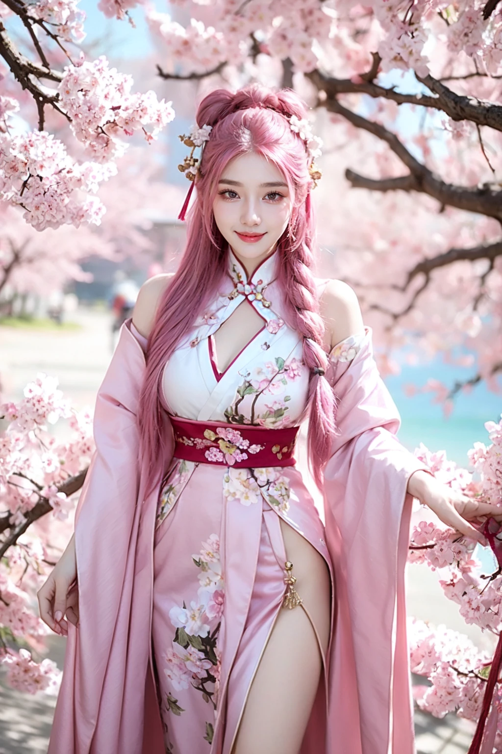 <lora:girl_6:0.8>,super high resolution,best quality,(solo:1.4),4k,pink eyes,1girl,pink hair,hair flower,pointy_ears,long hair,hair_ornament,chinese clothes,smile,look at the audience,thigh,standing,cherry_blossoms,