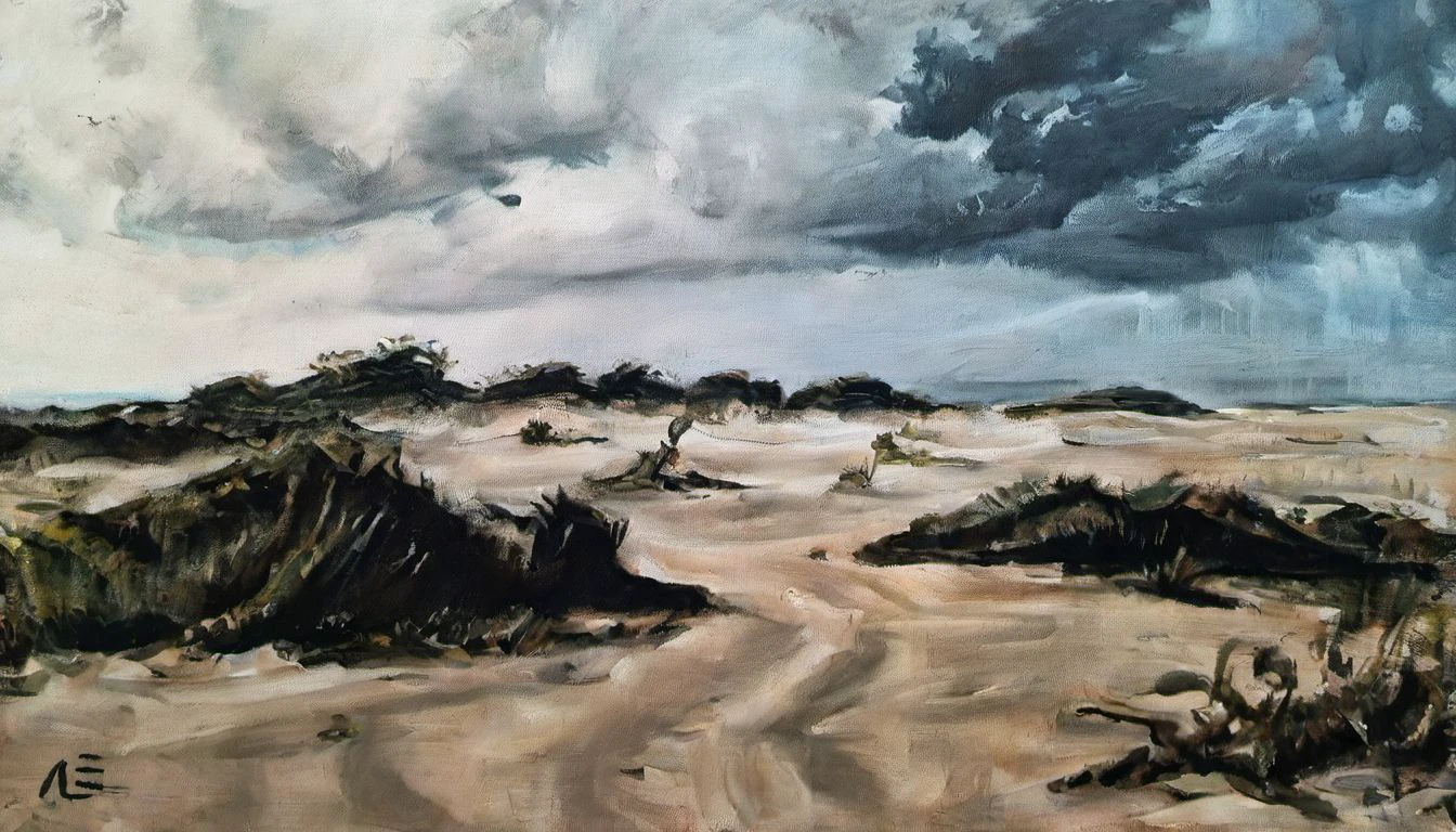oil on canvas, by ROA, landscape of a Dune, glamourous, Thunderstorm, CineColor, <lora:OIL_ON_CANVAS_v3:1>
